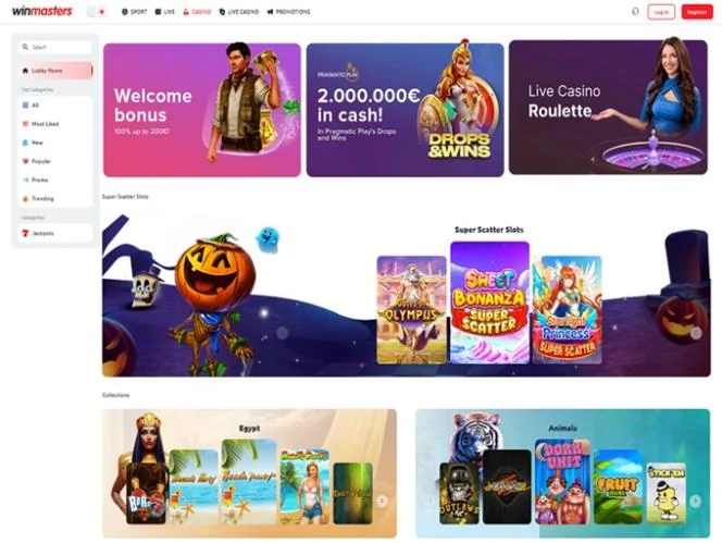 Page d'accueil du casino Winmasters le 03/12/2025 : bonus de bienvenue 100% jusqu'à 200 €, rayons de machines à sous et casino en direct (capture de l'interface en anglais)