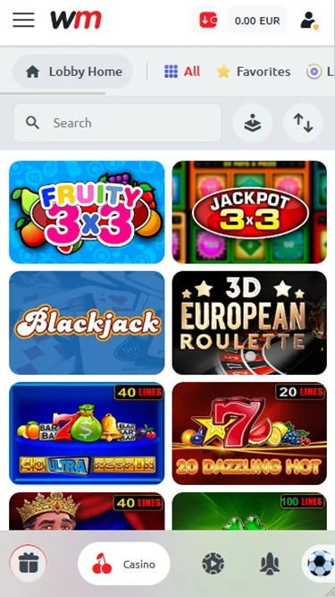 Lobby mobile de Winmasters Casino : grille de jeux, solde en EUR et barre de navigation (capture de l'interface en anglais)
